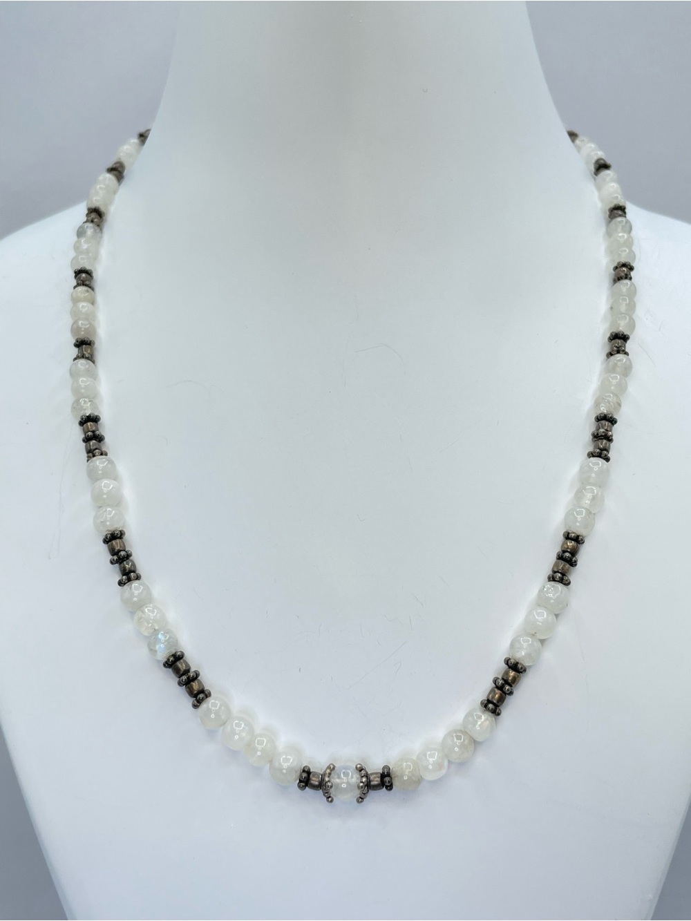 Vintage Sterling Silver White Moonstone Beaded Necklace Boho Artisan Style